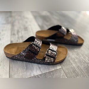 Birkenstock Arizona Metallic Stone Sandals Black Silver Womens Size 10 Mens 8